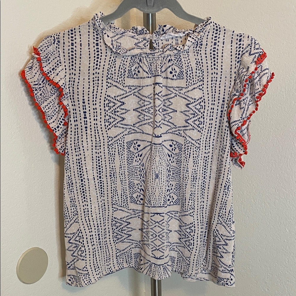 Patterned Blue and Red Ruffle Sleeve Top
